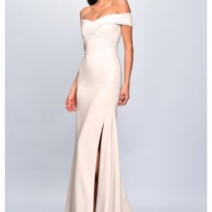 Theia champagne (tan, beige) bridesmaid dress.